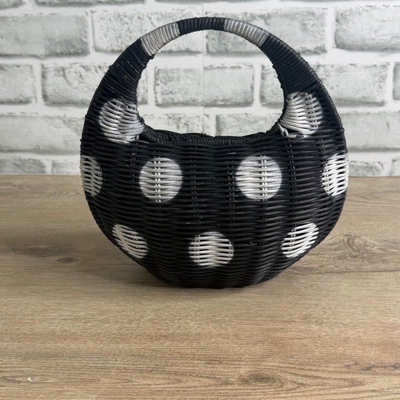Kate Spade New York Polka Dot Woven Basket Purse Black White Handle Bag - Picture 2 of 7